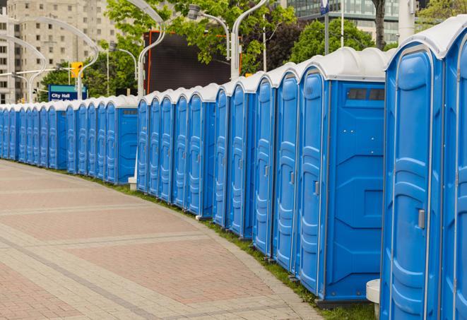Seasonal porta potty units set up at a Goshen, Indiana venue